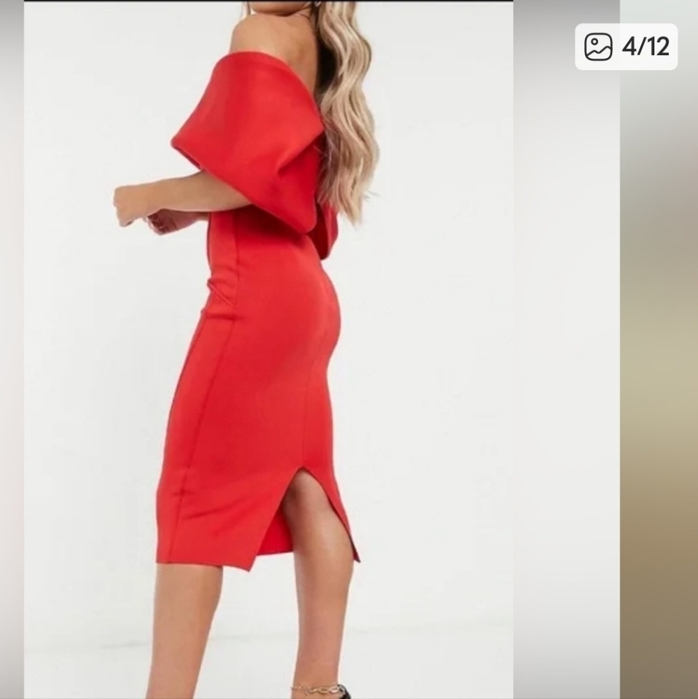 Asos Curve Fold Front Bardot Midi Pencil Dress Size 26 - Picture 3 of 10